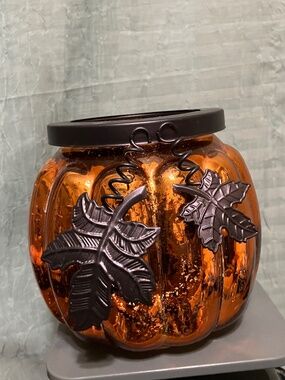Orange Mercury Glass Pumpkin Votive Candle Lantern with Decorative Leaf Accents